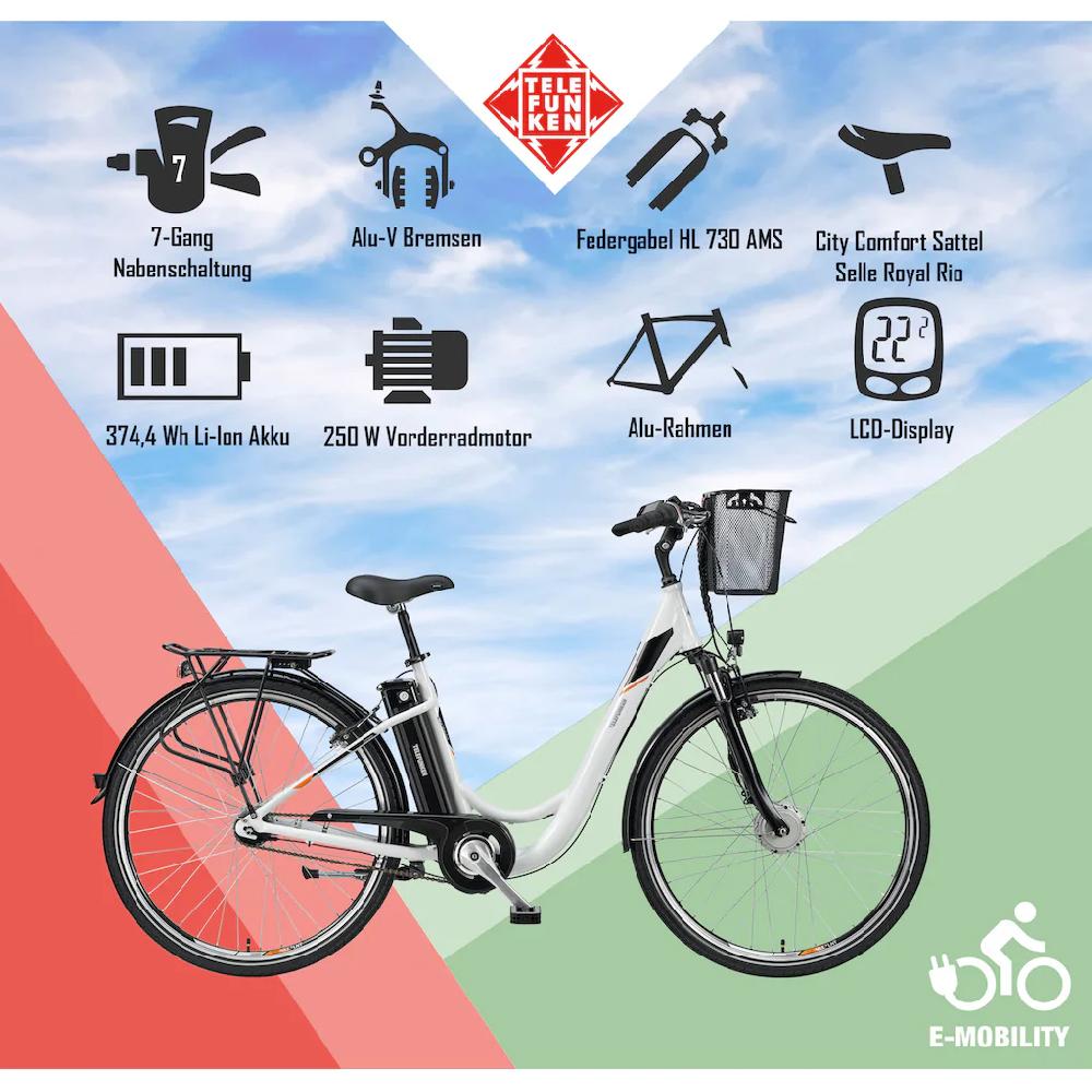 Telefunken E-Bike »Multitalent RC840« 7 Gang Shimano Nexus Frontmotor 250 W Pedelec Elektrofahrrad für Damen u. Herren Cityrad auf Rechnung online bestellen Begrenztes Angebot