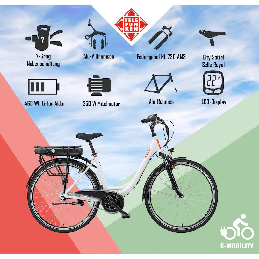 Telefunken E-Bike »Multitalent RC890« 7 Gang Shimano Nexus Mittelmotor 250 W Pedelec Elektrofahrrad für Damen u. Herren Cityrad Weihnachtsangebot