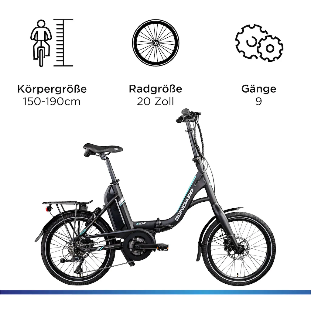 Zündapp E-Bike »X100« 9 Gang Shimano Sora Mittelmotor 250 W Pedelec Elektrofahrrad für Damen u. Herren Faltrad auf Rechnung online kaufen Online Outlet
