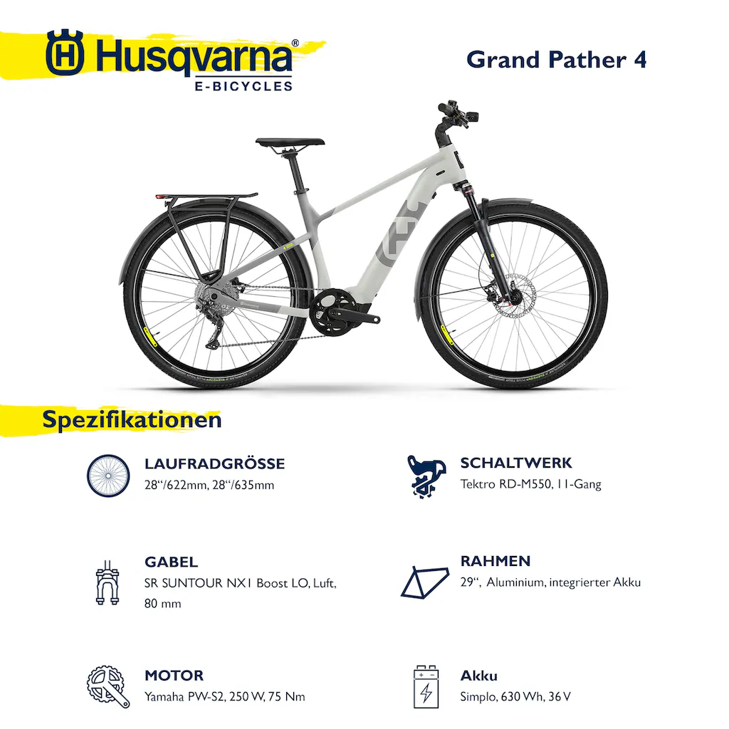 Husqvarna E-BICYCLES E-Bike »E-Trekkingbike Grand Pather 4« 11 Gang Tektro RD-M550 Mittelmotor 250 W (28 Zoll Yamaha Motor Scheibenbremsen mit Straßenzulassung) Pedelec Elektrofahrrad für Herren Trekkingrad auf Raten JETZT KAUFEN