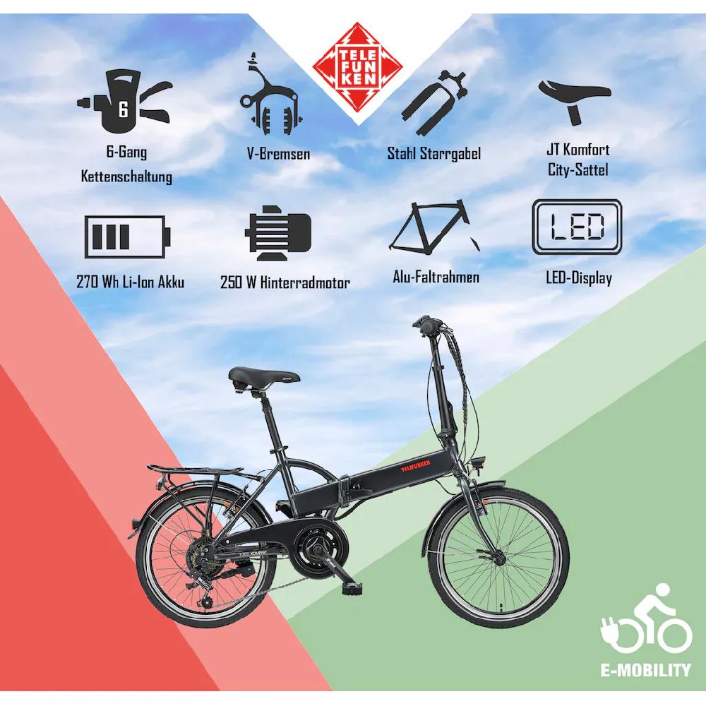 Telefunken E-Bike »Kompakt F820« 6 Gang Shimano Tourney Heckmotor 250 W Pedelec Elektrofahrrad für Damen u. Herren Faltrad auf Rechnung online bestellen Riesige Rabatte
