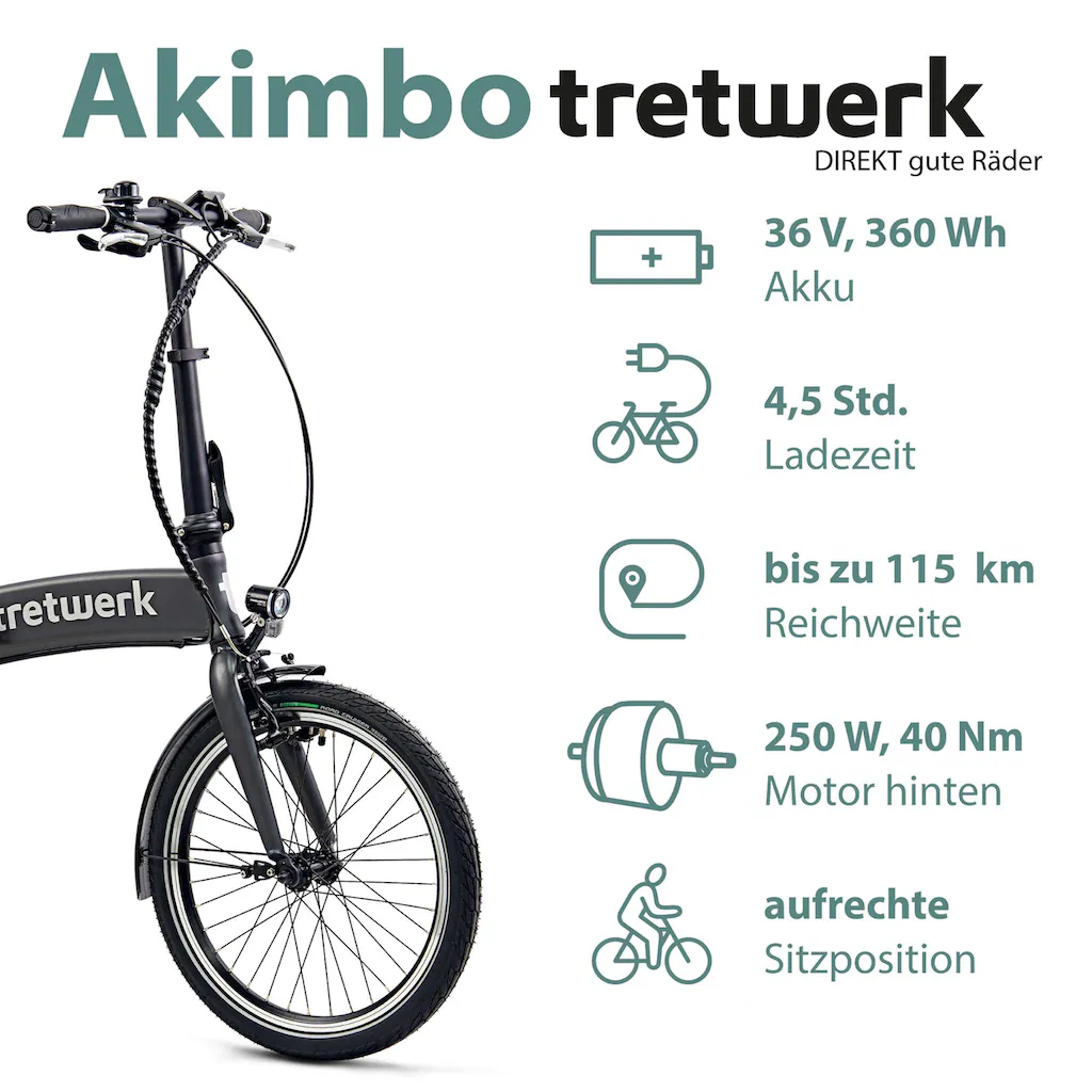 Tretwerk E-Bike »Akimbo« 8 Gang Shimano Acera M3020 SGS Heckmotor 250 W Pedelec Elektrofahrrad für Damen u. Herren Faltrad Auslauf