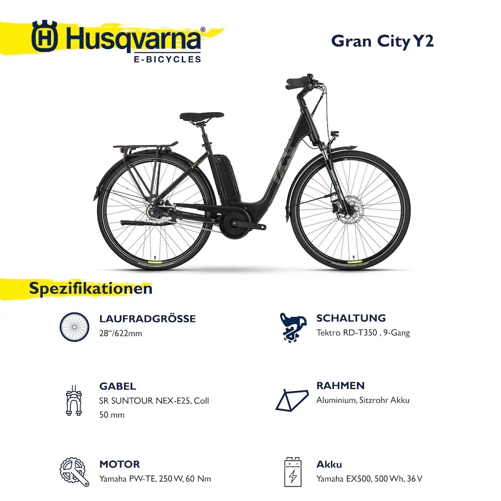 Husqvarna E-BICYCLES E-Bike »E-Citybike Grand City Y2« 9 Gang Tektro RD-T350 Mittelmotor 250 W (28 Zoll Yamaha Motor Scheibenbremsen mit Straßenzulassung) Pedelec Elektrofahrrad für Herren u. Damen Cityrad tiefer Einstieg Online Shopping