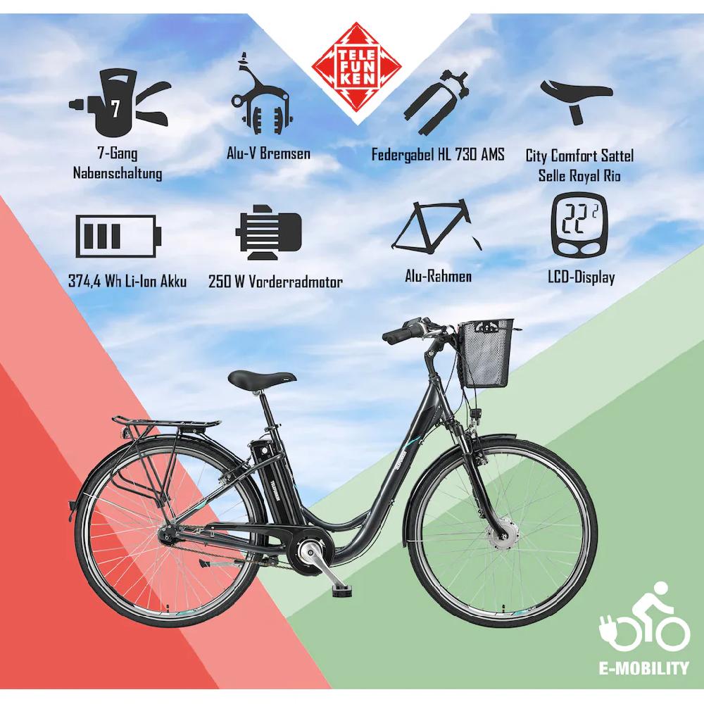 Telefunken E-Bike »Multitalent RC840« 7 Gang Shimano Nexus Frontmotor 250 W Pedelec Elektrofahrrad für Damen u. Herren Cityrad Neuheiten