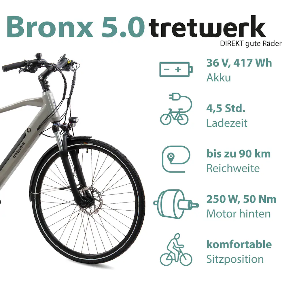 Tretwerk E-Bike »Bronx 5.0« 24 Gang Shimano Altus M310 Heckmotor 250 W Pedelec Elektrofahrrad für Damen u. Herren Trekkingrad auf Rechnung online kaufen Wochenangebot