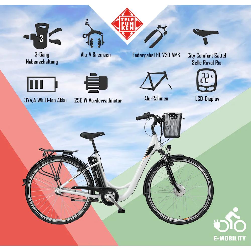 Telefunken E-Bike »Multitalent RC830« 3 Gang Shimano Nexus Frontmotor 250 W Pedelec Elektrofahrrad für Damen u. Herren Cityrad auf Rechnung kaufen Im Verkauf