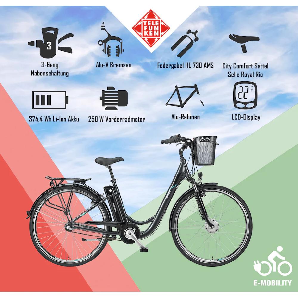 Telefunken E-Bike »Multitalent RC830« 3 Gang Shimano Nexus Frontmotor 250 W Pedelec Elektrofahrrad für Damen u. Herren Cityrad auf Raten zollfrei