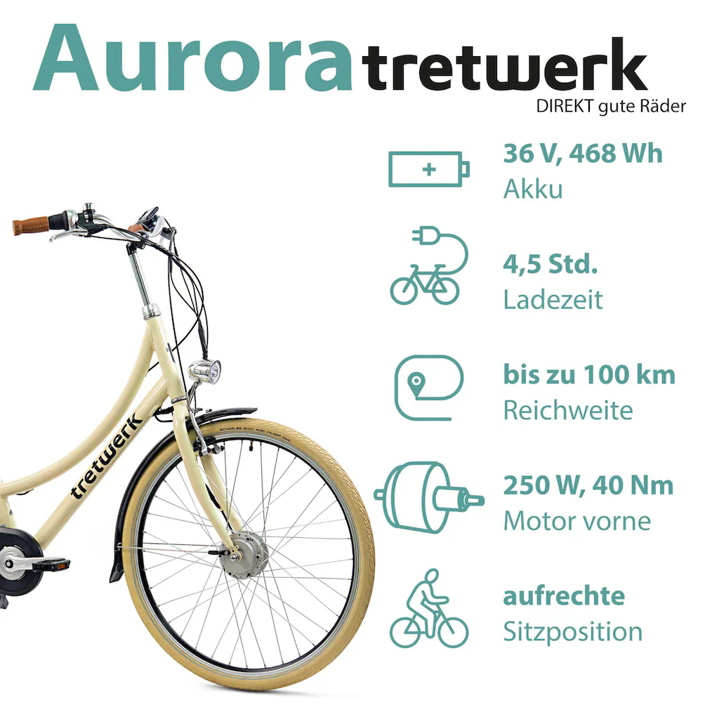 Tretwerk E-Bike »Aurora« 7 Gang Frontmotor 250 W (im Retro-Stil) Pedelec Elektrofahrrad für Damen u. Herren Cityrad Auslauf