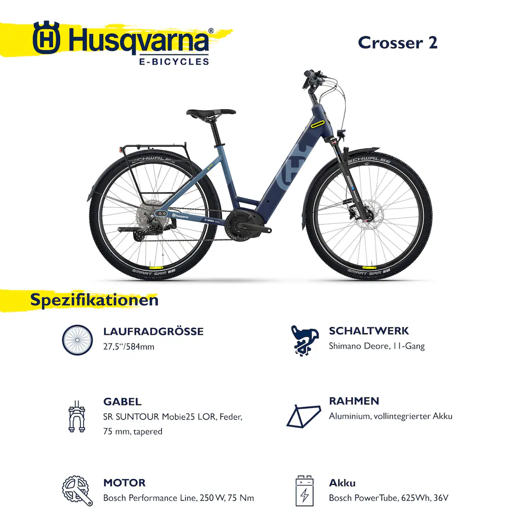 Husqvarna E-BICYCLES E-Bike »E-Trekkingbike Crosser 2« 11 Gang Shimano Deore RD-M5100 Mittelmotor 250 W (27 5 Zoll Bosch Motor Scheibenbremsen Straßenzulassung) Pedelec Elektrofahrrad für Herren u. Damen Trekkingrad auf Rate Sonderangebot