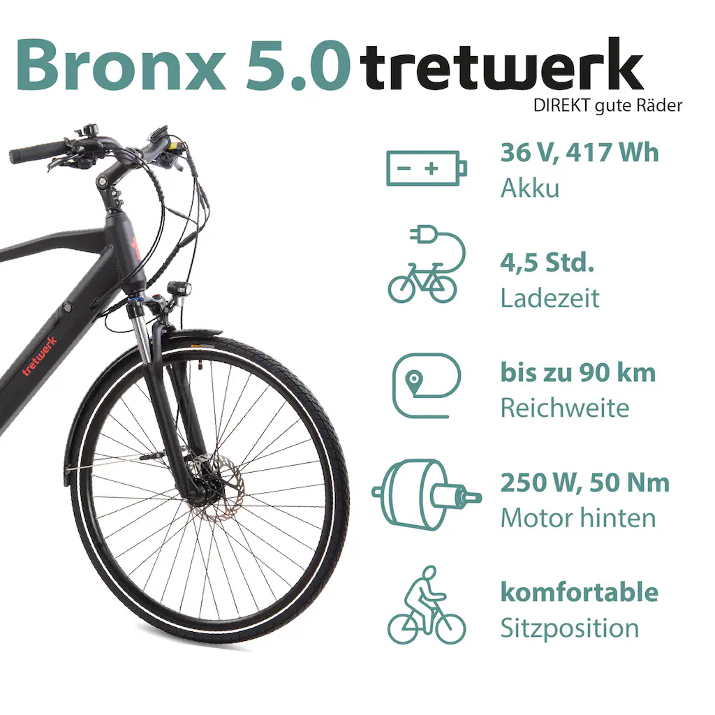 Tretwerk E-Bike »Bronx 5.0« 24 Gang Shimano Altus M310 Heckmotor 250 W Pedelec Elektrofahrrad für Damen u. Herren Trekkingrad auf Rechnung online kaufen Letzte 2 Tage