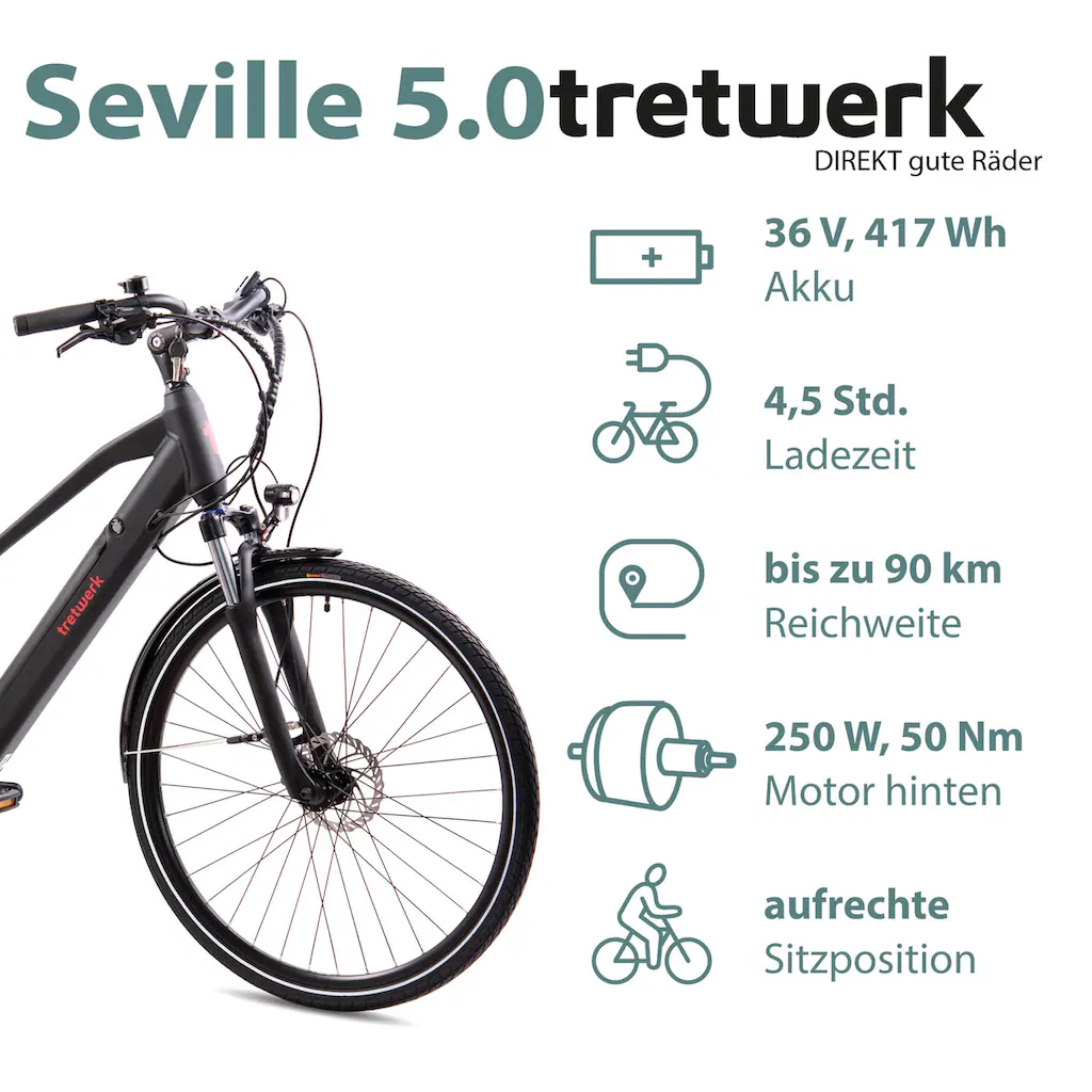 Tretwerk E-Bike »Seville 5.0« 24 Gang Shimano Heckmotor 250 W Pedelec Elektrofahrrad für Damen u. Herren Trekkingrad Versandkostenfrei