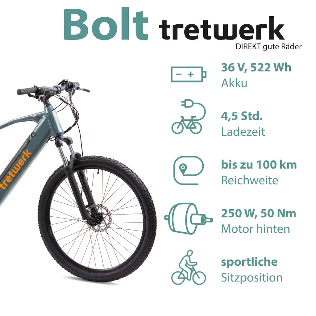 Tretwerk E-Bike »Bolt« Shimano Heckmotor 250 W Pedelec Elektrofahrrad für Damen u. Herren MTB Mountainbike Bis zu 60% Rabatt