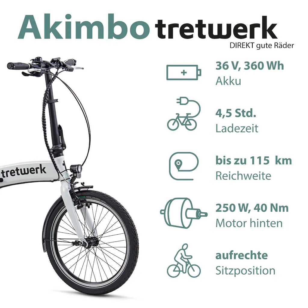 Tretwerk E-Bike »Akimbo« 8 Gang Shimano Acera M3020 SGS Heckmotor 250 W Pedelec Elektrofahrrad für Damen u. Herren Faltrad auf Rechnung online bestellen Sonderangebot der Fabrik