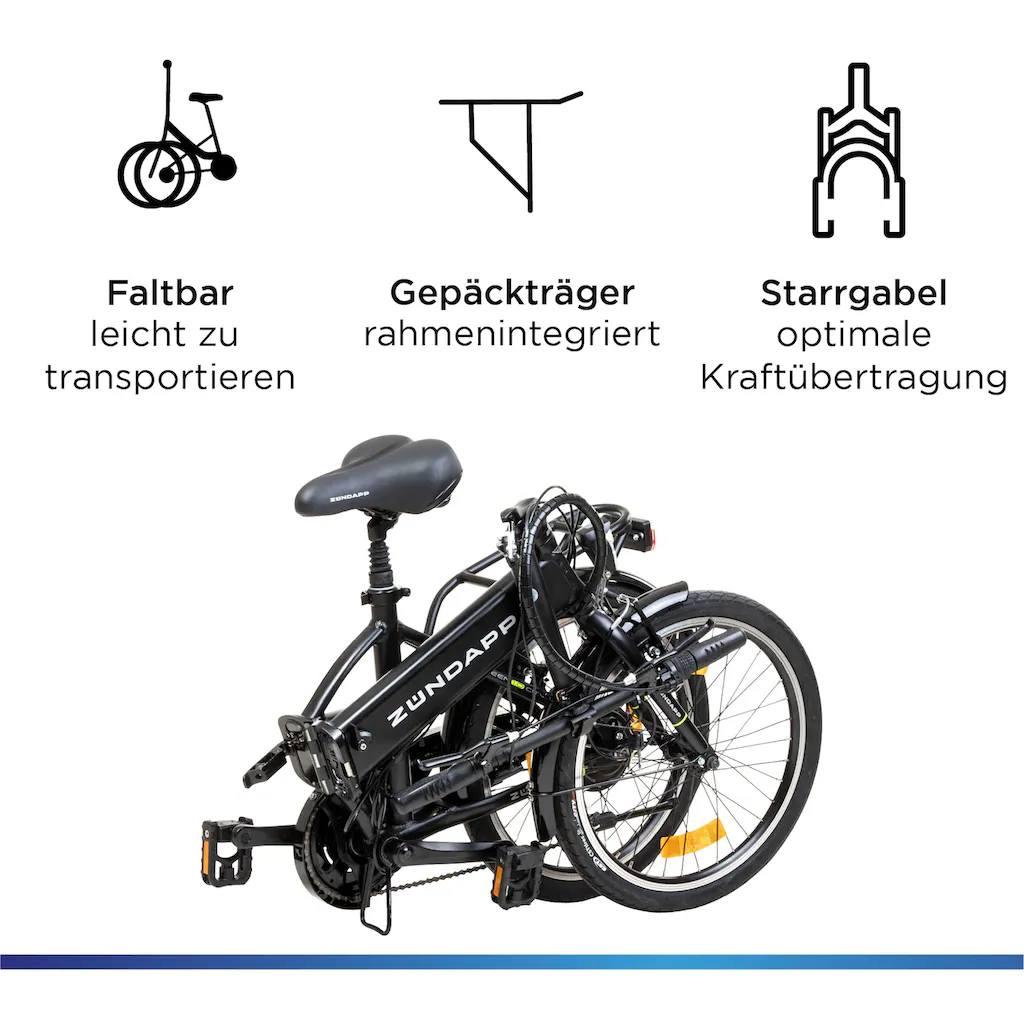Zündapp E-Bike »Z101« 6 Gang Shimano Tourney RD-TY300 Heckmotor 250 W Pedelec Elektrofahrrad für Damen u. Herren Faltrad auf Rechnung kaufen Fabrikladen