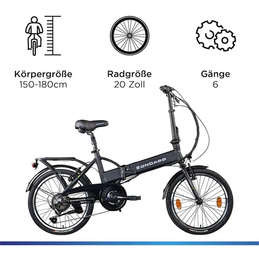 Zündapp E-Bike »Z101« 6 Gang Shimano Tourney RD-TY300 Heckmotor 250 W Pedelec Elektrofahrrad für Damen u. Herren Faltrad auf Rechnung kaufen Fabrikladen