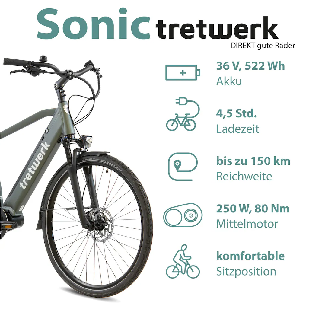 Tretwerk E-Bike »Sonic« 8 Gang Shimano Acera M3020 SGS Mittelmotor 250 W Pedelec Elektrofahrrad für Damen u. Herren Trekkingrad auf Rechnung 2025