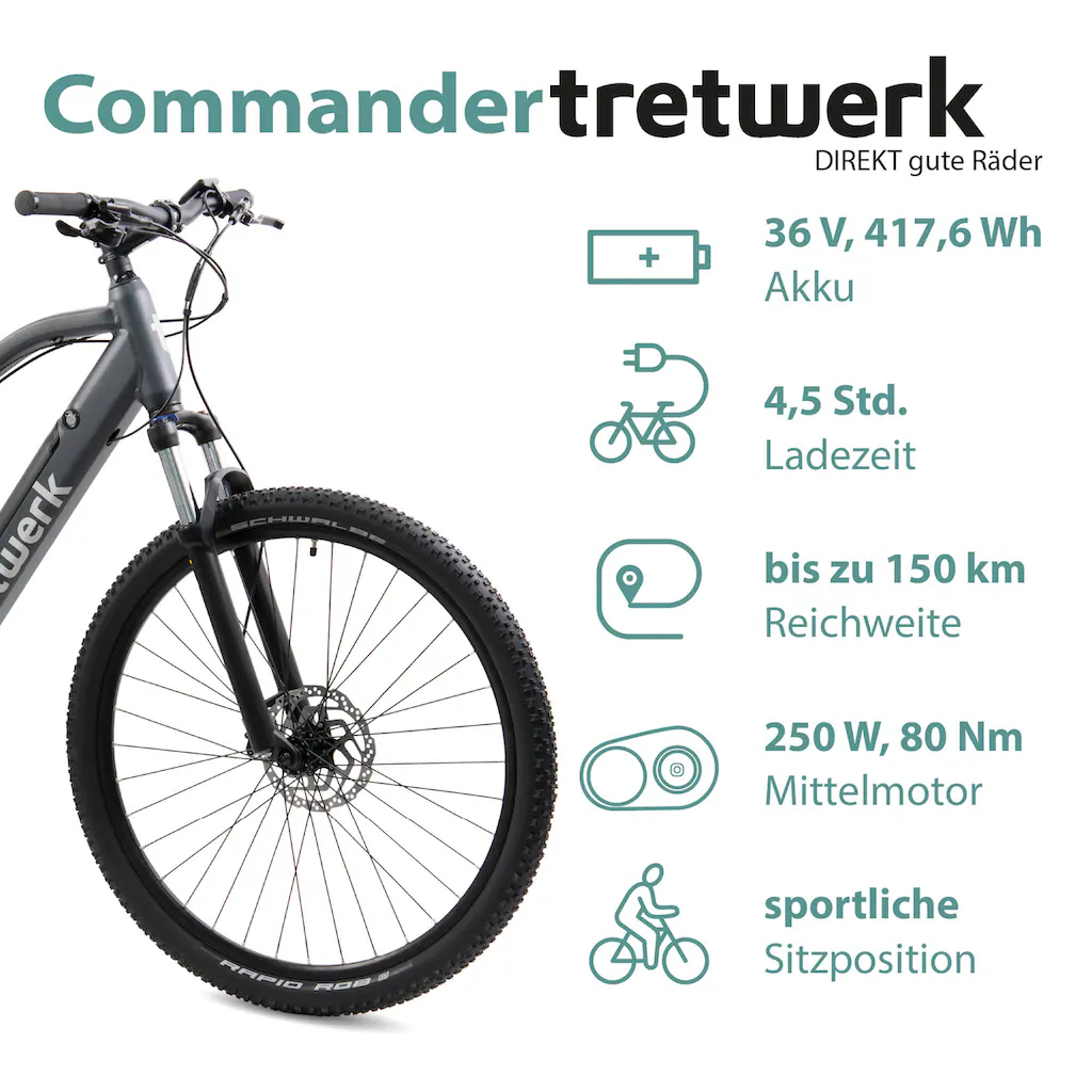 Tretwerk E-Bike »Commander« 9 Gang Shimano Altus SGS Mittelmotor 250 W Pedelec Elektrofahrrad für Damen u. Herren MTB Mountainbike auf Rechnung Schlussverkauf