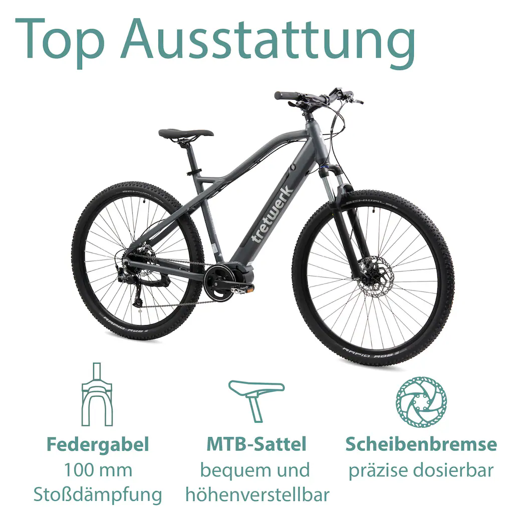 Tretwerk E-Bike »Commander« 9 Gang Shimano Altus SGS Mittelmotor 250 W Pedelec Elektrofahrrad für Damen u. Herren MTB Mountainbike auf Rechnung Schlussverkauf