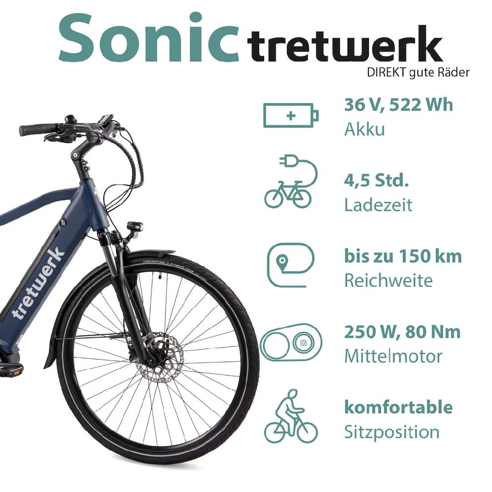 Tretwerk E-Bike »Sonic« 8 Gang Shimano Acera M3020 SGS Mittelmotor 250 W Pedelec Elektrofahrrad für Damen u. Herren Trekkingrad auf Rechnung Limitierter Zeitrabatt