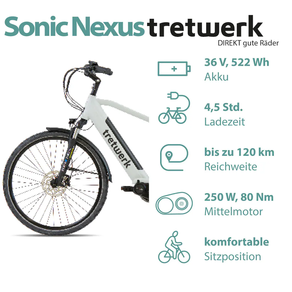 Tretwerk E-Bike »Sonic Nexus« 7 Gang Mittelmotor 250 W Pedelec Elektrofahrrad für Damen u. Herren Trekkingrad auf Rechnung online kaufen Saisonschlussverkauf