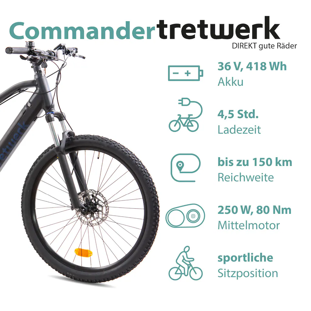 Tretwerk E-Bike »Commander« 9 Gang Shimano Altus M2000 Mittelmotor 250 W Pedelec Elektrofahrrad für Damen u. Herren MTB Mountainbike auf Rechnung online kaufen Räumungsverkauf